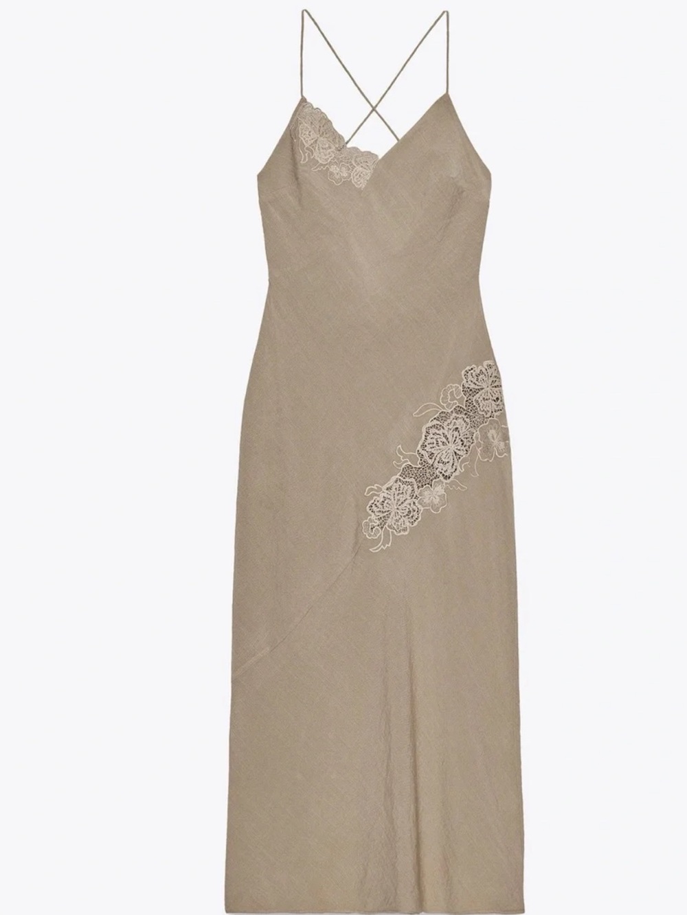 Zara Beige Lace-Trim Slip Midi Dress